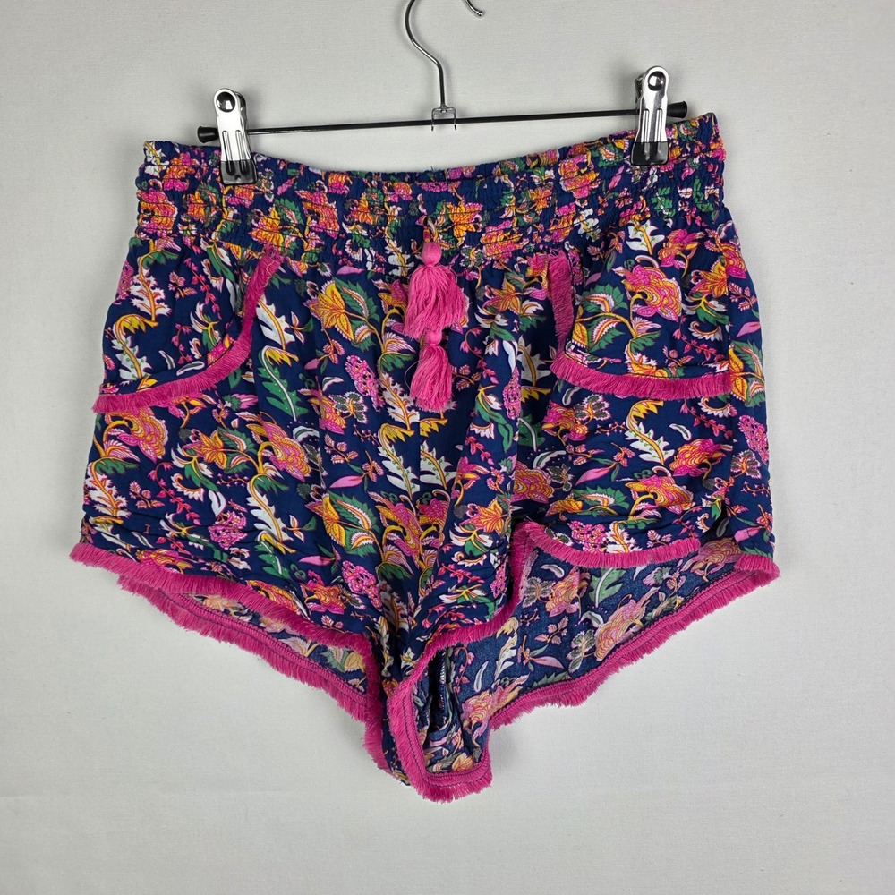 Jayne Sleepwear Womens Large Navy Paisley Floral Fringe Tassel Pajama Shorts